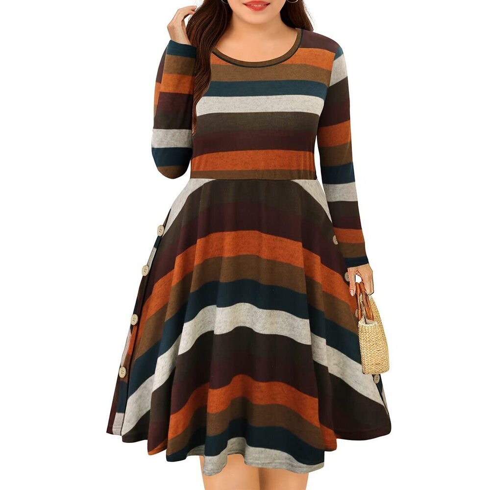 3495 Plus Size Dress Crewneck Brown Striped Long Sleeve Dresses Knee Long